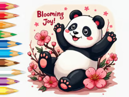 Joc Carte de colorat: Micul panda flori de cireș  on-line
